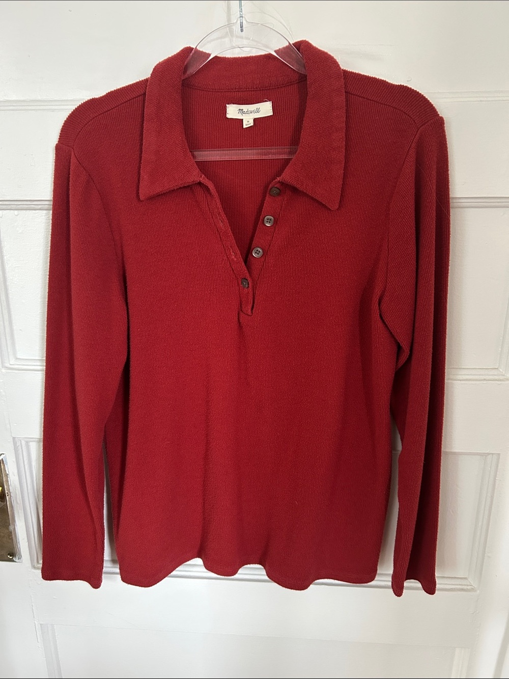 Madewell Knit Ribbed Polo Shirt in Rusted Red, Long Sleeves, Women's M